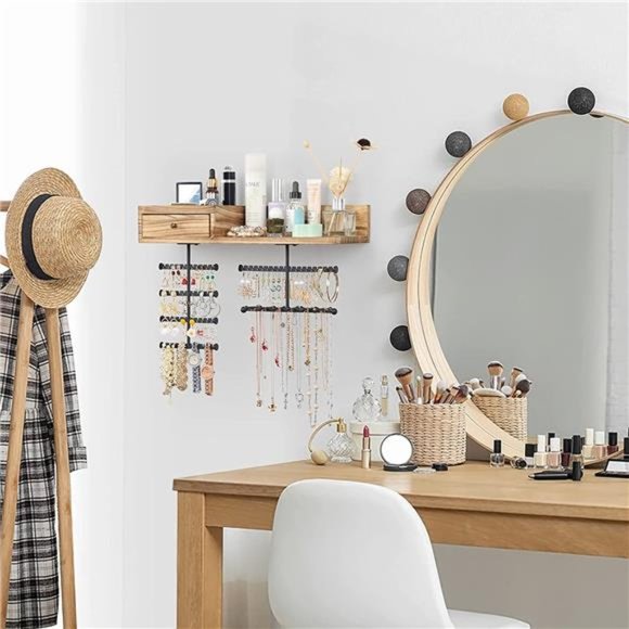 Jewelry Organizer Hanging Wall Mounted Jewelry Holder with Rustic Wood Drawer - Picture 2 of 6